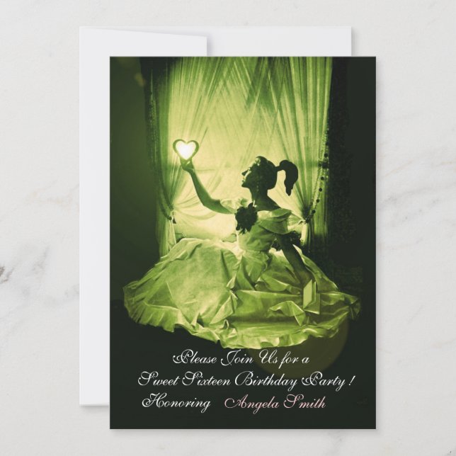 SWEET 16  PARTY, YELLOW GREEN BLACK DAMASK INVITATION (Front)