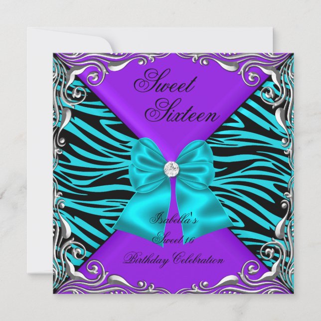 Sweet 16 Party Zebra Purple Teal Diamond Bow Invitation (Front)