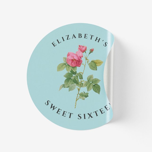 Sweet 16 Pastel Blue and Pink Rose Botanical Classic Round Sticker (Creator Uploaded)
