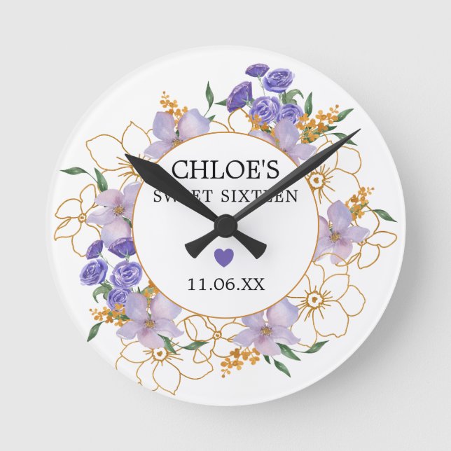 Sweet 16 Personalised Gift Purple Gold Floral Round Clock (Front)
