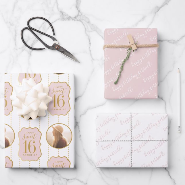 Sweet 16 Personalised Photo and Name Pink Wrapping Paper Sheet (Front)