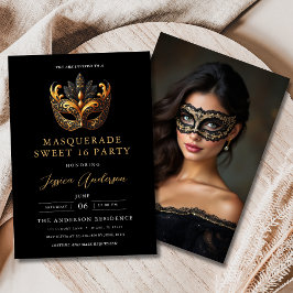Sweet 16 Photo Birthday Black Gold Masquerade Invitation