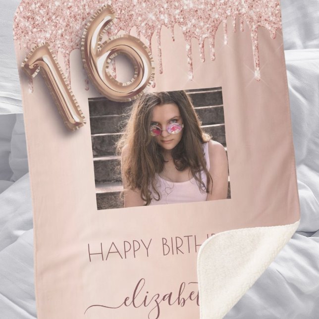 Sweet 16 photo blush pink rose gold glitter sherpa blanket (Creator Uploaded)