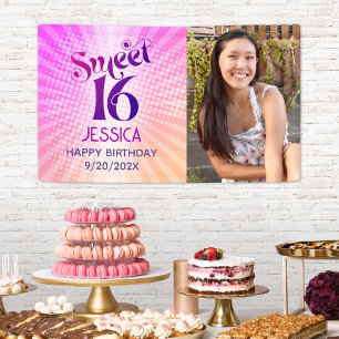 Sweet 16 Photo Groovy Pink Orange Gradient Retro Banner