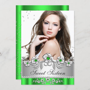 Sweet 16 Photo Lime Green Silver Diamond Jewel Invitation