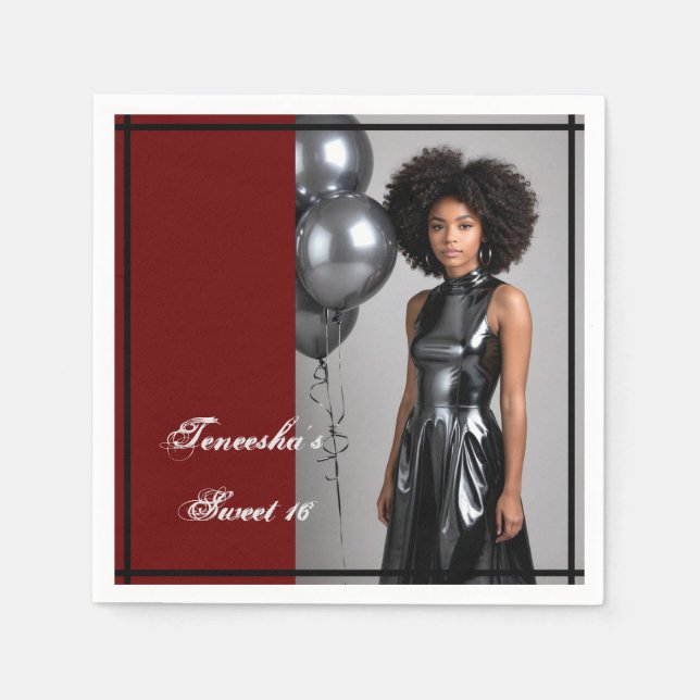Sweet 16 Photo Party Napkin – Red & Black Art Deco (Front)