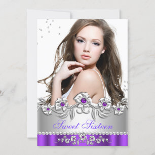 Sweet 16 Photo Purple Silver Floral Jewel Party Invitation
