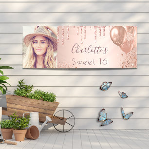 Sweet 16 photo rose gold drips balloons welcome  banner