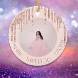 Sweet 16 photo rose gold glitter ceramic tree decoration<br><div class="desc">An ornament for a girly and glamorous Sweet 16, 16th birthday. A rose gold, pink background and decorated with rose gold faux glitter drips, paint dripping look. Personalize and add a photo, age and a date. Dark rose gold colored text. Perfect as party decoration, favor, keepsake or as a gift....</div>