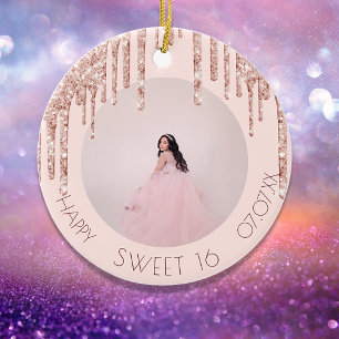 Sweet 16 photo rose gold glitter ceramic tree decoration