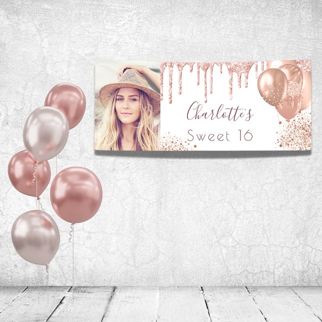 Sweet 16 photo rose gold glitter monogram white banner (Creator Uploaded)
