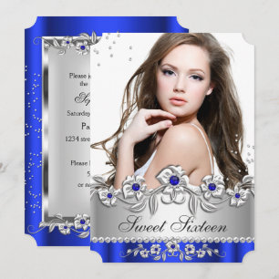 Sweet 16 Photo Royal Blue Silver Diamond Jewel Invitation