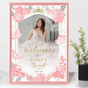 Sweet 16 Photo Welcome Sign Butterfly Pink Floral