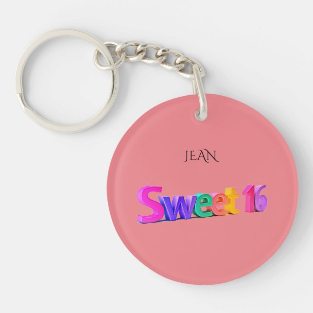 Sweet 16 pink acrylic keychain, personalised name. key ring (Front)