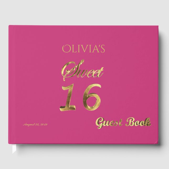 Sweet 16 Pink and Gold Look Typography Elegant Guest Book (Front)