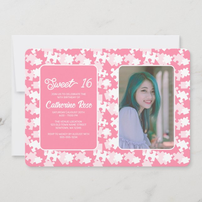 Sweet 16 Pink And White Puzzle Photo  Invitation (Front)