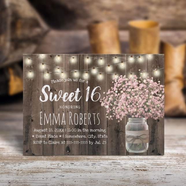 Sweet 16 Pink Baby's Breath Floral Jar Barn Wood Invitation (Creator Uploaded)