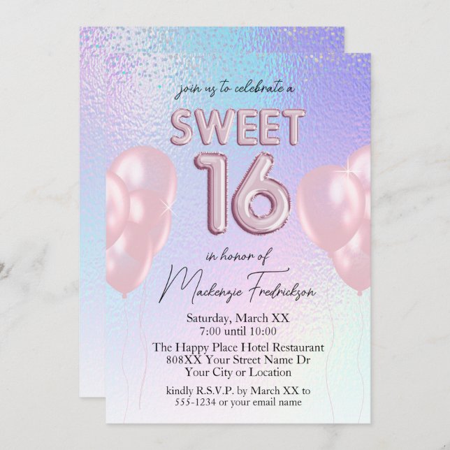 Sweet 16 Pink Balloons on Holographic Gradient Invitation (Front/Back)