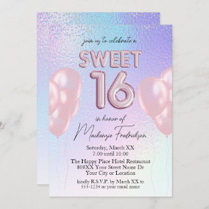 Sweet 16 Pink Balloons on Holographic Gradient Invitation