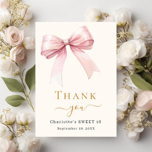 Sweet 16 pink bow cream thank you card