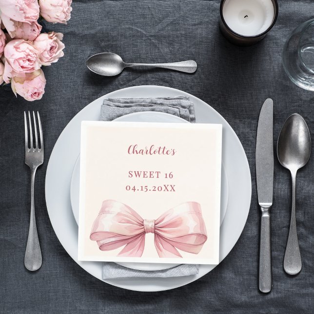 Sweet 16 pink bow ivory luncheon napkin (Creator Uploaded)