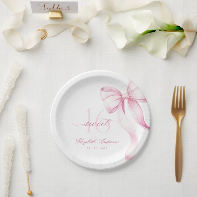 Sweet 16 Pink Bow Paper Plates (Wedding)