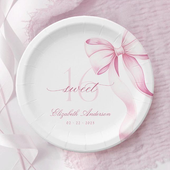 Sweet 16 Pink Bow Paper Plates (Creator Uploaded)