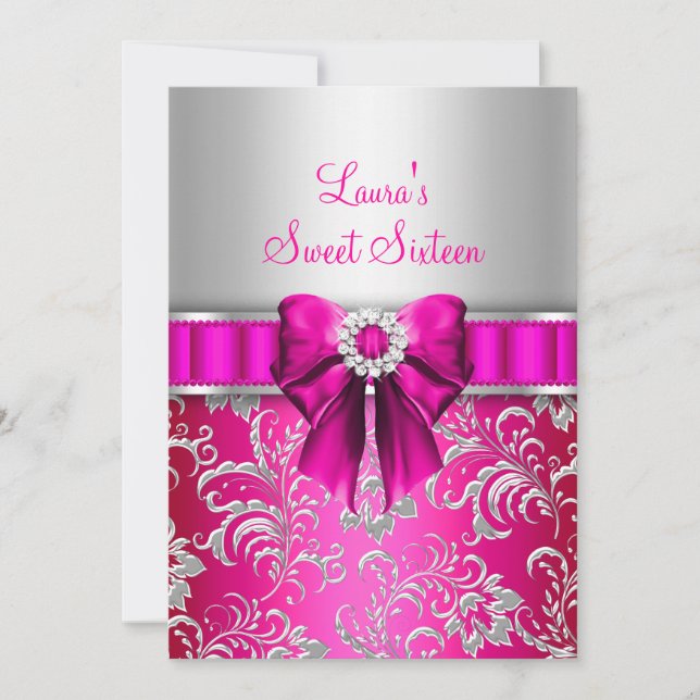 Sweet 16 Pink Bow & Silver Floral Announcements (Front)