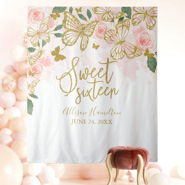 Sweet 16 Pink Butterflies Floral Backdrop Tapestry (Creator Uploaded)