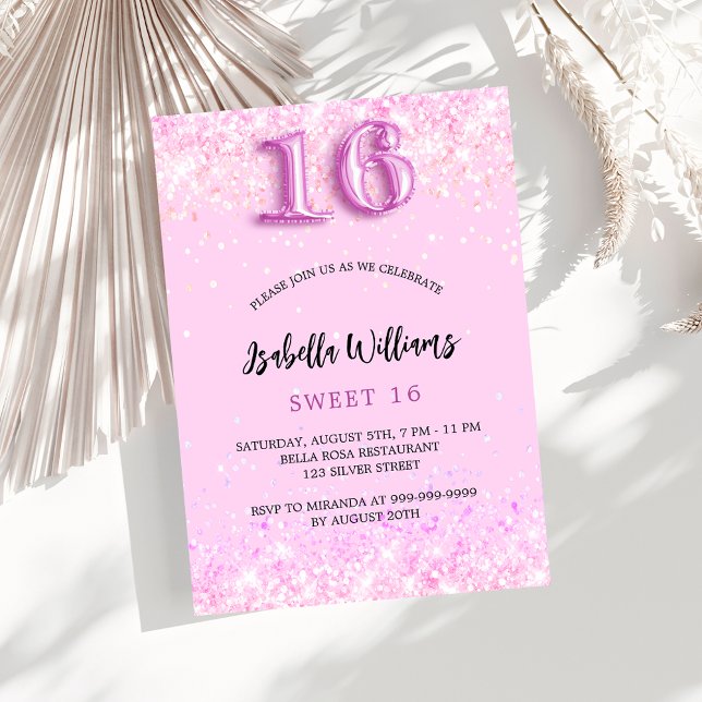 Sweet 16 pink confetti girl party invitation postcard (Creator Uploaded)