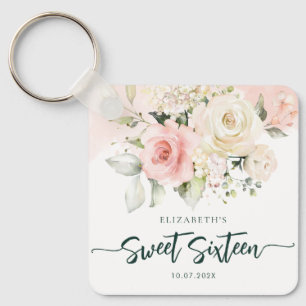 Sweet 16 Pink Floral Birthday Party Custom Key Ring