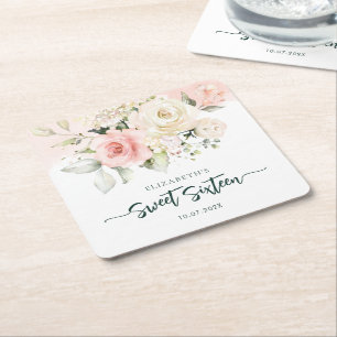 Sweet 16 Pink Floral Birthday Party Custom Square Paper Coaster