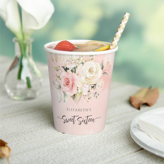 Sweet 16 Pink Floral Birthday Party Paper Cups (Insitu)