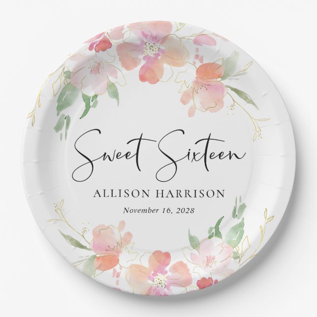 Sweet 16 Pink Floral Birthday Party Paper Plate (Front)