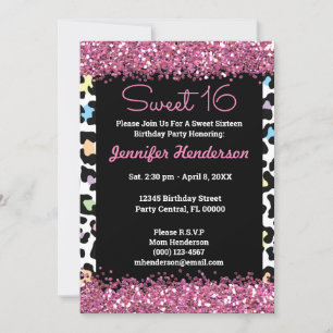Sweet 16 Pink Glitter Colourful Leopard Print Wild Invitation