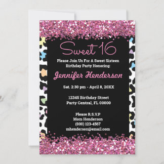 Sweet 16 Pink Glitter Colourful Leopard Print Wild Invitation