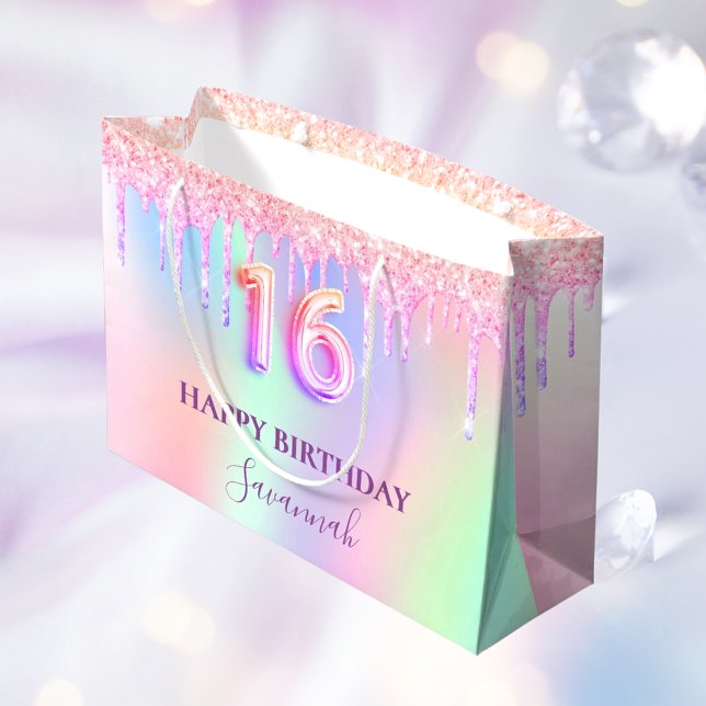 Sweet 16 pink glitter drips holographic name large gift bag (Creator Uploaded)