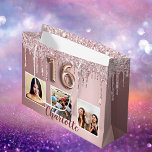 Sweet 16 pink glitter drips photo monogram 16th large gift bag<br><div class="desc">A gift bag for a girly and glamourous Sweet 16 , 16th birthday. A pink faux metallic looking background with faux glitter drips, paint dripping look. Personalise and add 3 photos and a name. Number 16 is written with a balloon style font. Perfect as a party favour bag or as...</div>