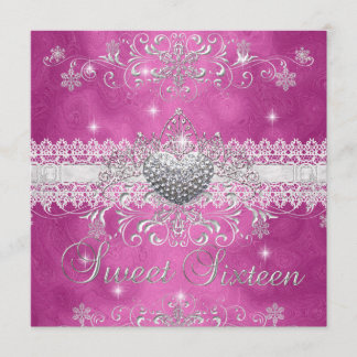 Sweet 16 Pink Glitter Tiara Lace Heart Invitation