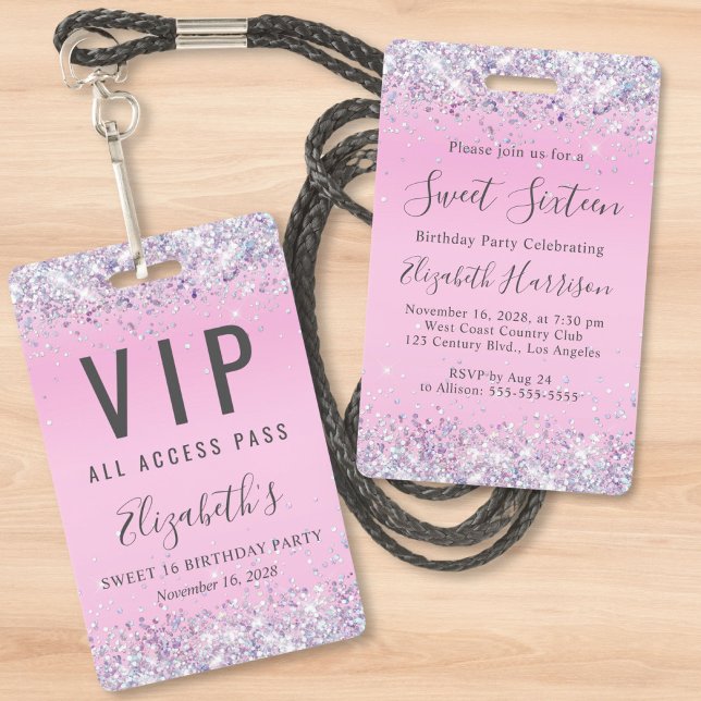 Sweet 16 Pink Glitter VIP Pass Birthday Party ID Badge (Creator Uploaded)