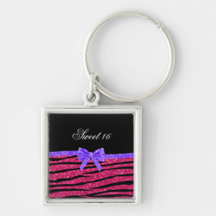 Sweet 16 pink glitter zebra stripes key ring