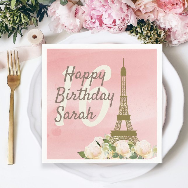 Sweet 16 Pink Gold Eiffel Tower Birthday Napkin (Paris/Eiffel Tower Sweet 16 paper napkins)