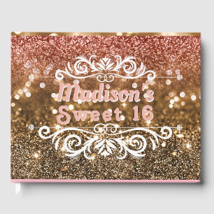 Sweet 16 Pink Gold Glitter Bokeh Custom Guest Book