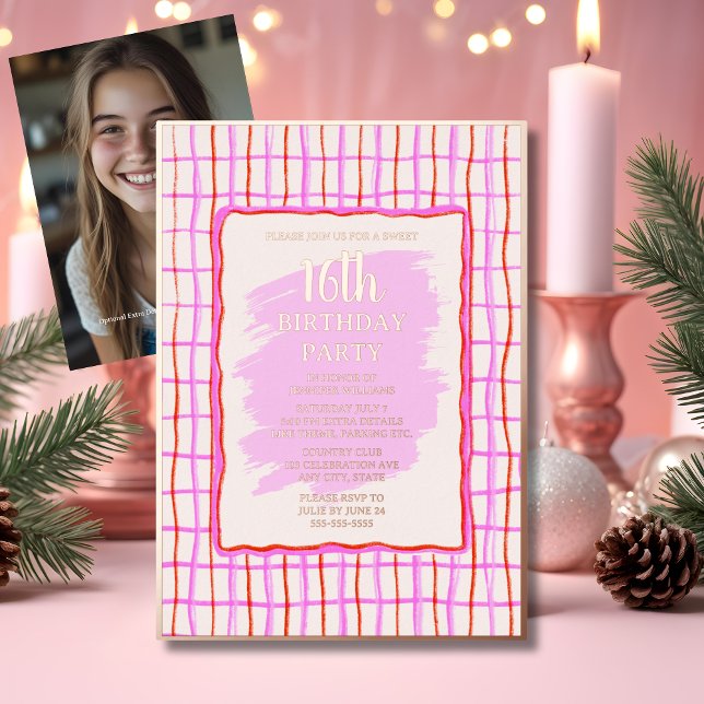 Sweet 16 Pink Hand Drawn Birthday Foil Invitation (Creator Uploaded)
