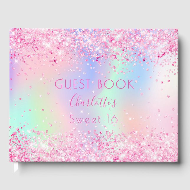 Sweet 16 pink holographic guest book (Front)