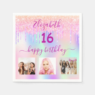 Sweet 16 pink holographic photo name napkin