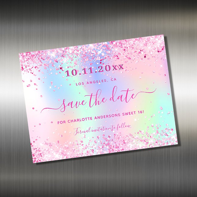 Sweet 16 pink holographic save the date magnet (Creator Uploaded)