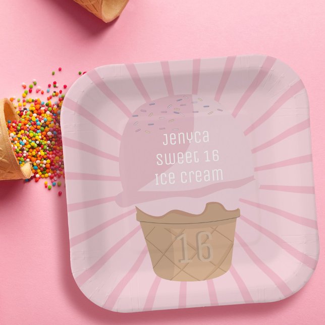 Sweet 16 Pink Ice Cream Cone Girl Birthday Party Paper Plate (Great for sweet 16 birthday parties with an ice cream theme. Just add your name!)