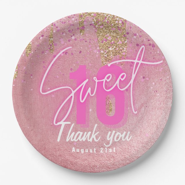 Sweet 16 Pink Party Food Dinner Ware Personalised Paper Plate (Front)