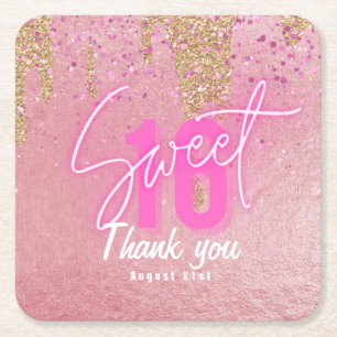 Sweet 16 Pink Party Food Tableware Personalised Square Paper Coaster